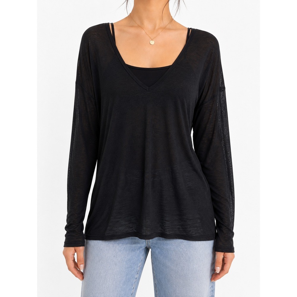 NWT Haute Hippie Women's Black Sheer Modal V-Neck Long Sleeve Top Size (S)